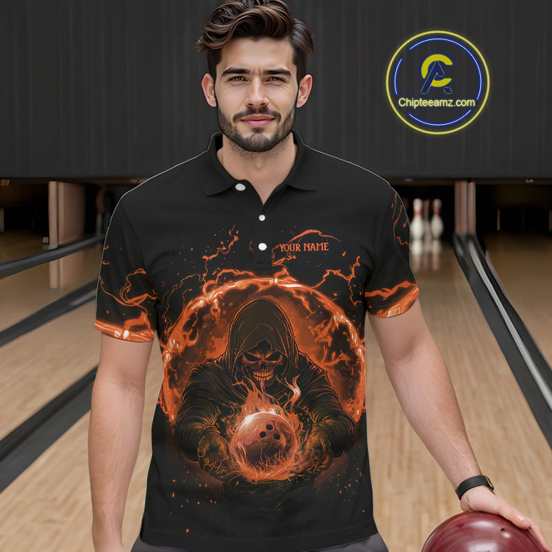 Mens bowling polo, 1/4 zip shirts Custom orange flame skull bowling team jerseys, gift for Bowlers NQS10613