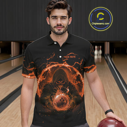 Mens bowling polo, 1/4 zip shirts Custom orange flame skull bowling team jerseys, gift for Bowlers NQS10613
