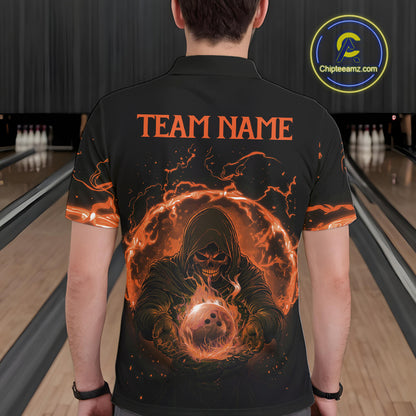 Mens bowling polo, 1/4 zip shirts Custom orange flame skull bowling team jerseys, gift for Bowlers NQS10613