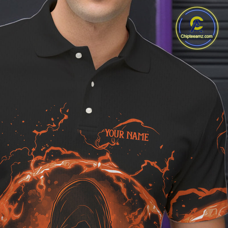 Mens bowling polo, 1/4 zip shirts Custom orange flame skull bowling team jerseys, gift for Bowlers NQS10613