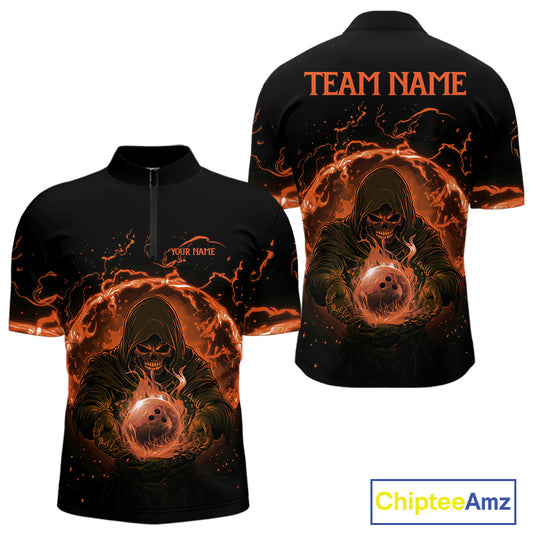 Mens bowling polo, 1/4 zip shirts Custom orange flame skull bowling team jerseys, gift for Bowlers NQS10613