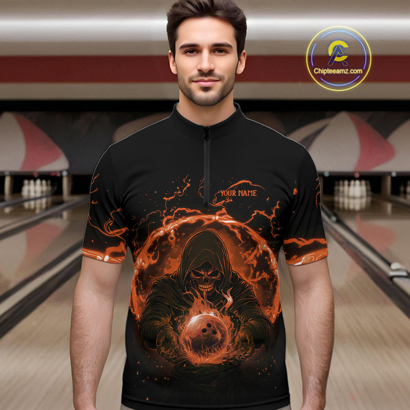 Mens bowling polo, 1/4 zip shirts Custom orange flame skull bowling team jerseys, gift for Bowlers NQS10613