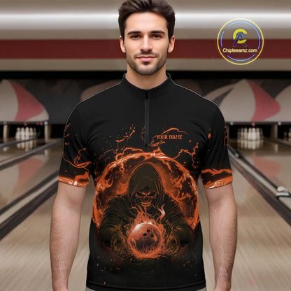 Mens bowling polo, 1/4 zip shirts Custom orange flame skull bowling team jerseys, gift for Bowlers NQS10613