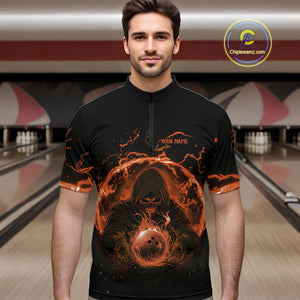 Mens bowling polo, 1/4 zip shirts Custom orange flame skull bowling team jerseys, gift for Bowlers NQS10613