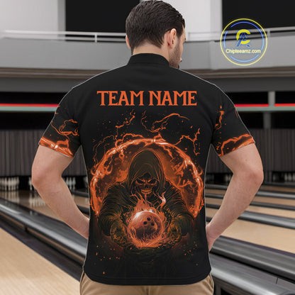 Mens bowling polo, 1/4 zip shirts Custom orange flame skull bowling team jerseys, gift for Bowlers NQS10613