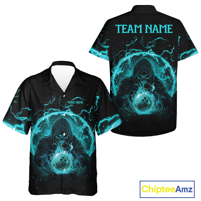 Bowling Hawaiian Shirt Custom cyan blue flame skull bowling team button up shirt, gift for Bowlers NQS10614