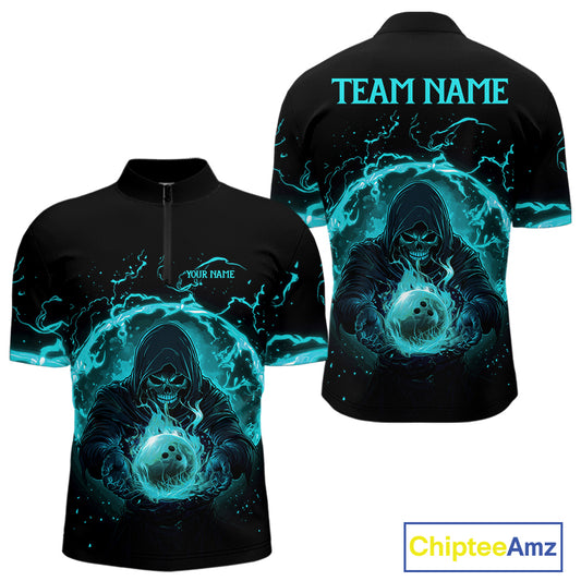 Mens bowling polo, 1/4 zip shirts Custom cyan blue flame skull bowling team jerseys, gift for Bowlers NQS10614
