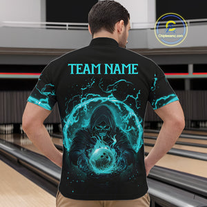 Mens bowling polo, 1/4 zip shirts Custom cyan blue flame skull bowling team jerseys, gift for Bowlers NQS10614