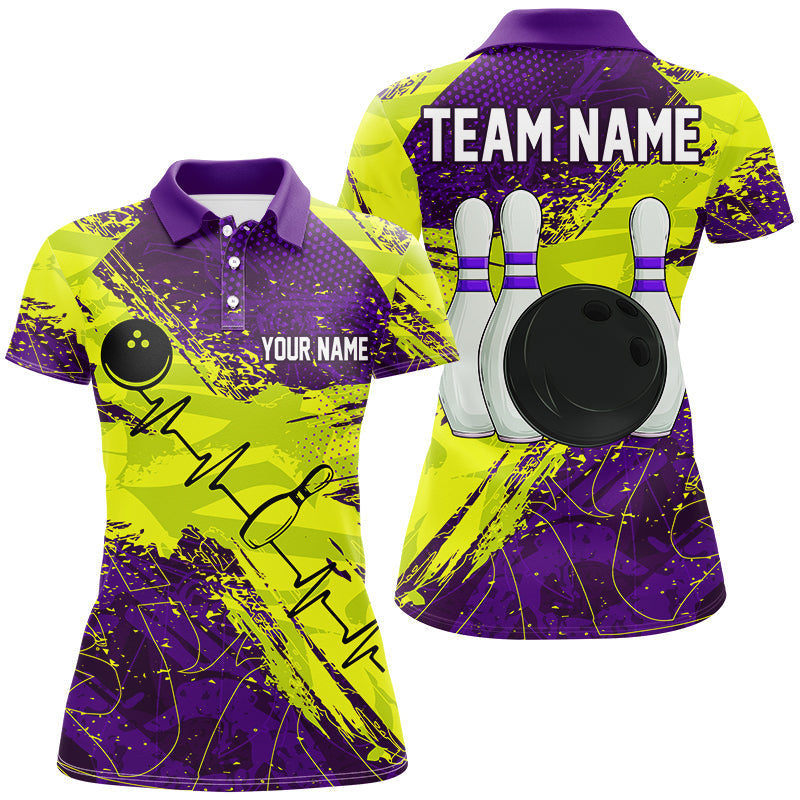 Yellow and Purple Grunge Camo Heartbeat Bowling Shirts For Women Custom Bowling Team Jersey NQS8670