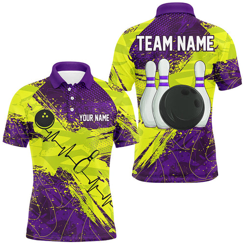 Yellow and Purple Grunge Camo Heartbeat Bowling Polo, 1/4 Zip Shirt For Men Custom Bowling Team Jersey NQS8670