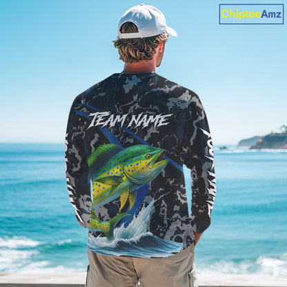 Custom Mahi Mahi Fishing Camo Long Sleeve Fishing Shirts, Personalized Mahi Mahi Fishing Team Jersey NQS10843