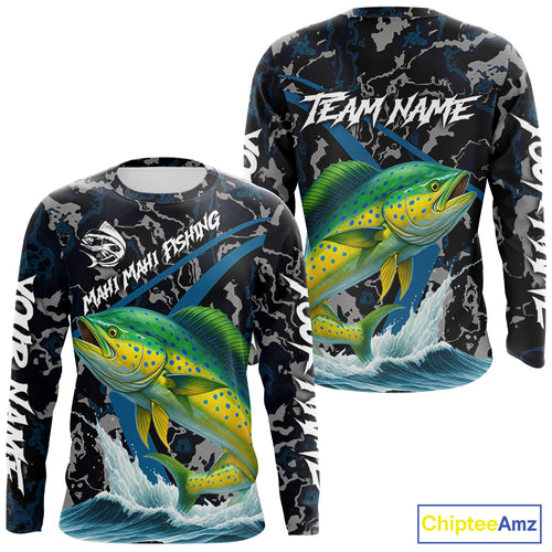 Custom Mahi Mahi Fishing Camo Long Sleeve Fishing Shirts, Personalized Mahi Mahi Fishing Team Jersey NQS10843