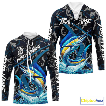 Custom Marlin Fishing Camo Long Sleeve Fishing Shirts, Personalized Marlin Fishing Team Jersey NQS10844