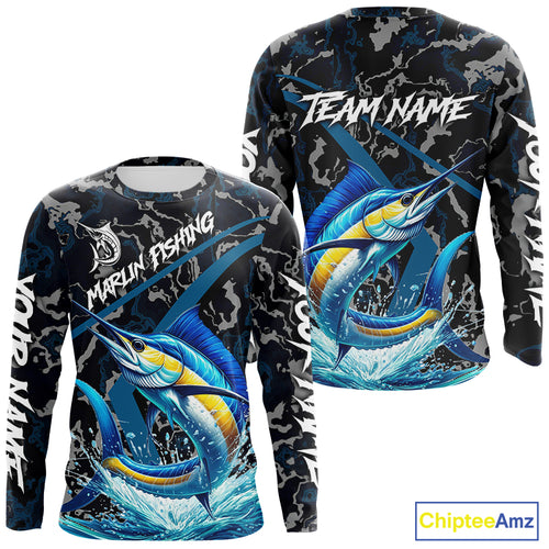 Custom Marlin Fishing Camo Long Sleeve Fishing Shirts, Personalized Marlin Fishing Team Jersey NQS10844
