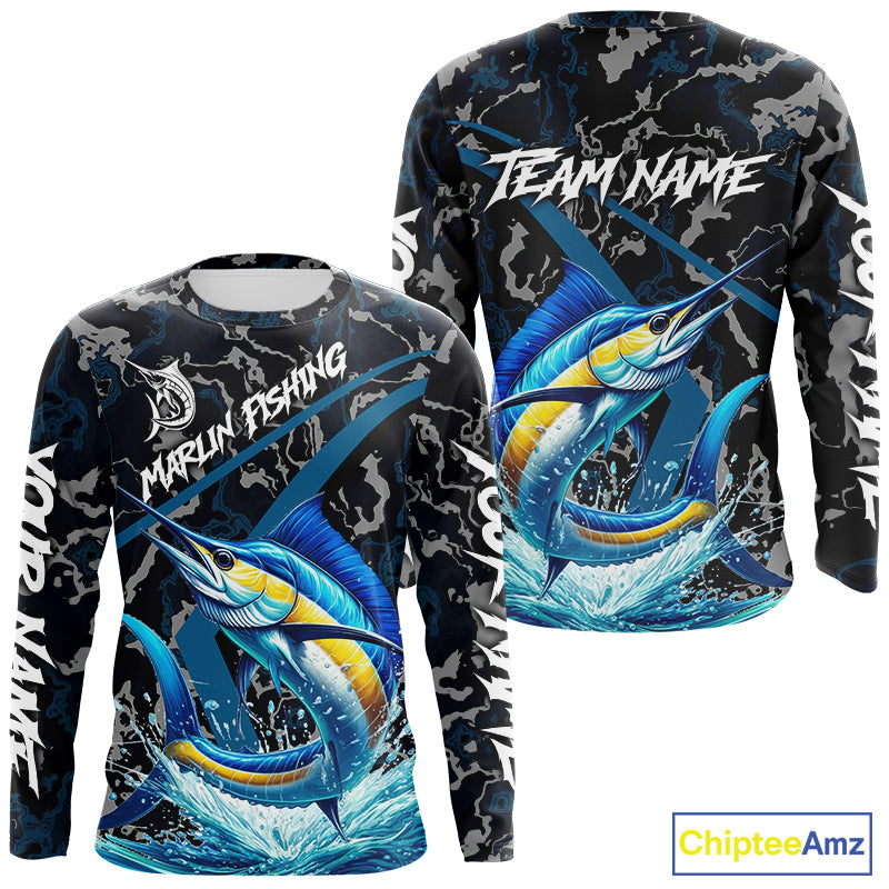 Custom Marlin Fishing Camo Long Sleeve Fishing Shirts, Personalized Marlin Fishing Team Jersey NQS10844