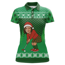 Load image into Gallery viewer, Personalized Funny Face Christmas Golf Green argyle Santa Golfer Ugly matching golf polos for couples NQS11021