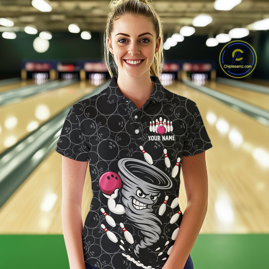 Funny storm tornado Black Camo Bowling Polo, 1/4 Zip Shirts For Women Custom Bowling Team Jerseys NQS11224