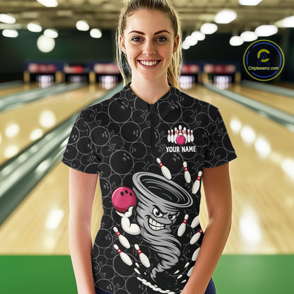 Funny storm tornado Black Camo Bowling Polo, 1/4 Zip Shirts For Women Custom Bowling Team Jerseys NQS11224