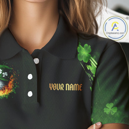 Flame golf ball green shamrock St Patrick's Day Women Golf Polo Shirt Custom lucky ladies golf attire NQS11413