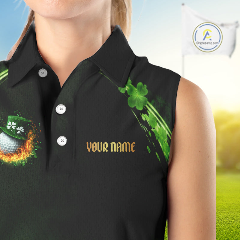 Flame golf ball green shamrock St Patrick's Day ladies sleeveless golf tops Custom lucky golf attire NQS11413