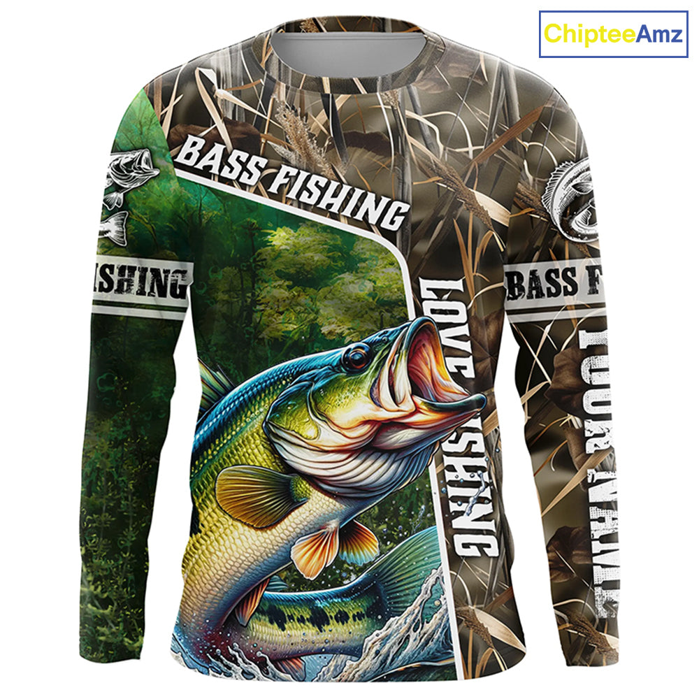 Personalized Bass Fishing Shirts, Love Fishing Camo 3D All Over Printed Shirts NQS210