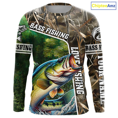 Personalized Bass Fishing Shirts, Love Fishing Camo 3D All Over Printed Shirts NQS210