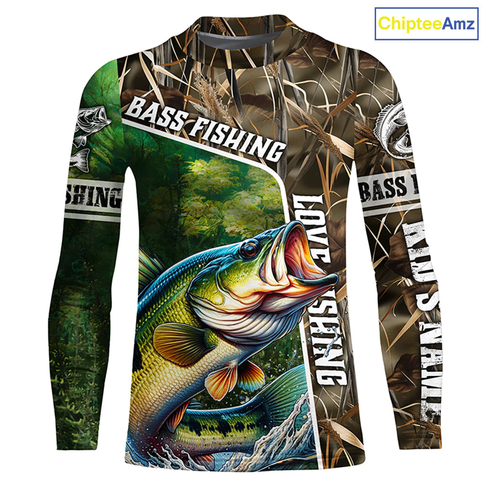 Personalized Bass Fishing Shirts, Love Fishing Camo 3D All Over Printed Shirts NQS210