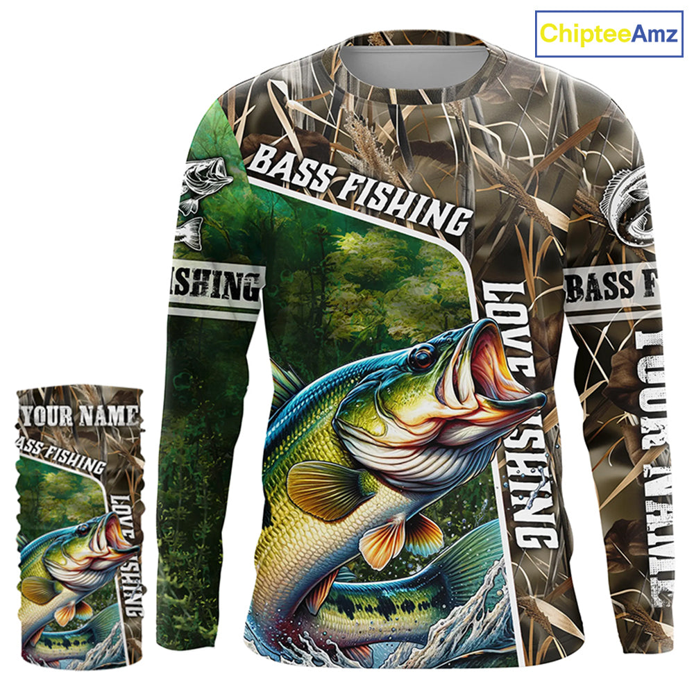 Personalized Bass Fishing Shirts, Love Fishing Camo 3D All Over Printed Shirts NQS210