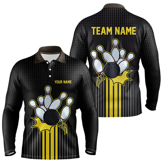Black and Yellow Bowling Polo, Quarter Zip Shirt For Men Custom Team Mens Bowling Jersey NQS9652