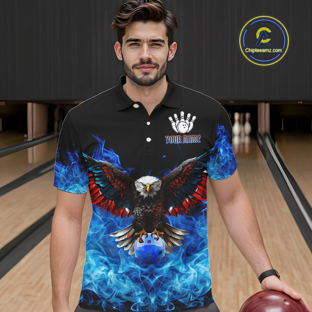 Blue Flame Smoke American Flag Eagle Skull Mens Bowling Shirts Custom Patriotic Bowling Team Jersey NQS9659