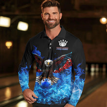 Load image into Gallery viewer, Blue Flame Smoke American Flag Eagle Skull Mens Bowling Shirts Custom Patriotic Bowling Team Jersey NQS9659