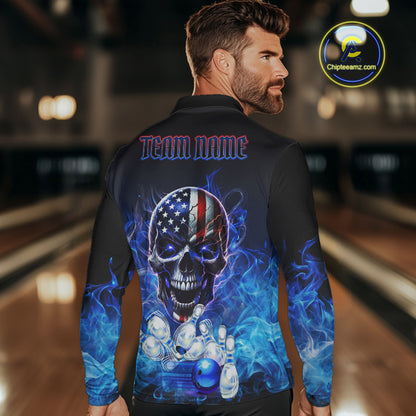 Blue Flame Smoke American Flag Eagle Skull Mens Bowling Shirts Custom Patriotic Bowling Team Jersey NQS9659