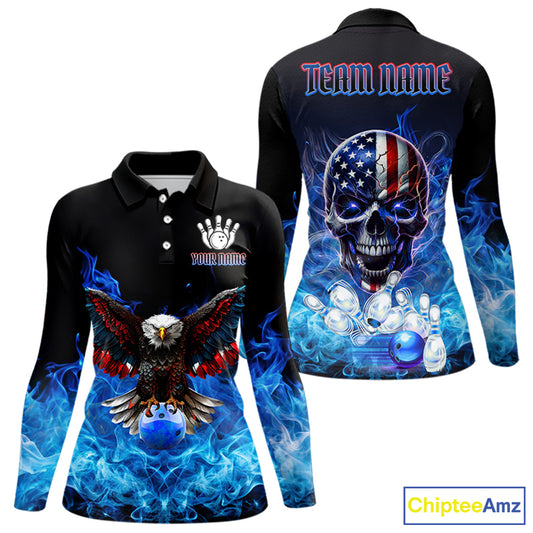 Blue Flame Smoke American Flag Eagle Skull Women Bowling Shirts Custom Patriotic Bowling Team Jersey NQS9659