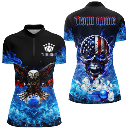 Blue Flame Smoke American Flag Eagle Skull Women Bowling Shirts Custom Patriotic Bowling Team Jersey NQS9659