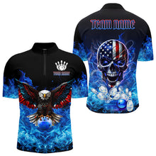 Load image into Gallery viewer, Blue Flame Smoke American Flag Eagle Skull Mens Bowling Shirts Custom Patriotic Bowling Team Jersey NQS9659