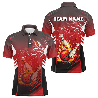 Flame bowling ball and pins lightning custom Men Bowling Polo Shirts, team bowling jerseys | Red NQS7445