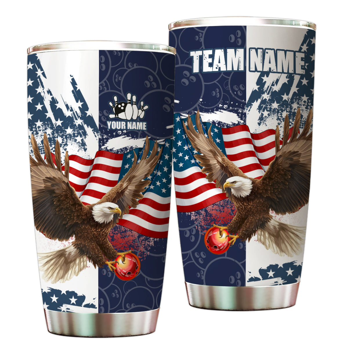 Red, White and Blue American Flag custom Bowling Camo Eagle Bowling Stainless Steel Tumbler Cup NQS9862