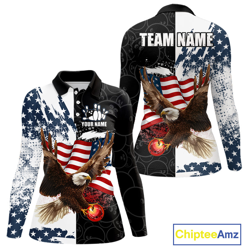 American Flag Eagle Bowling Shirts For Women Custom Patriotic Black Camo Bowling Team Jerseys NQS9863