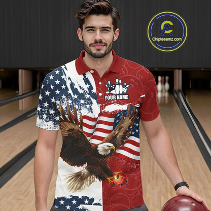 Red, White, Blue American Flag Eagle Men Bowling Shirt Custom Patriotic Red Camo Bowling Team Jersey NQS9864