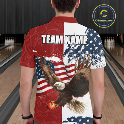 Red, White, Blue American Flag Eagle Men Bowling Shirt Custom Patriotic Red Camo Bowling Team Jersey NQS9864
