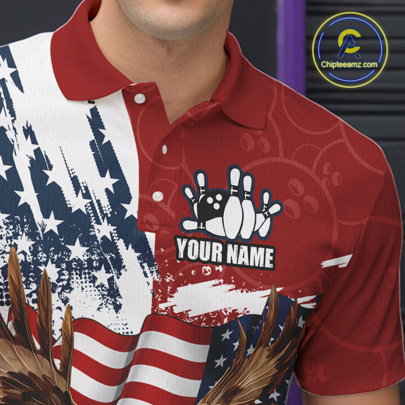 Red, White, Blue American Flag Eagle Men Bowling Shirt Custom Patriotic Red Camo Bowling Team Jersey NQS9864