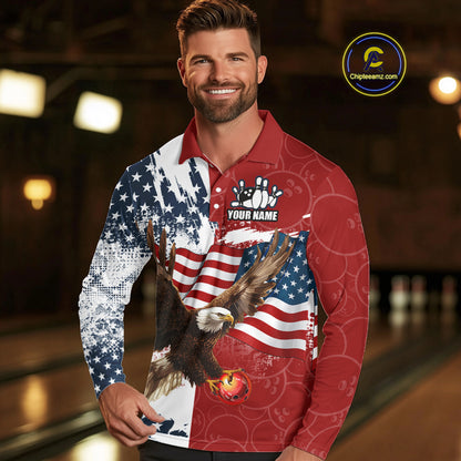 Red, White, Blue American Flag Eagle Men Bowling Shirt Custom Patriotic Red Camo Bowling Team Jersey NQS9864