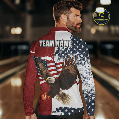 Red, White, Blue American Flag Eagle Men Bowling Shirt Custom Patriotic Red Camo Bowling Team Jersey NQS9864