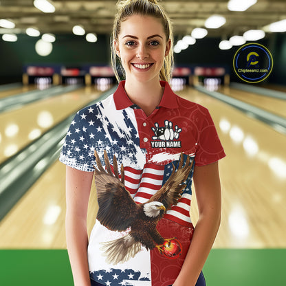 American Flag Eagle Bowling Shirts For Women Custom Patriotic Red Camo Bowling Team Jerseys NQS9864