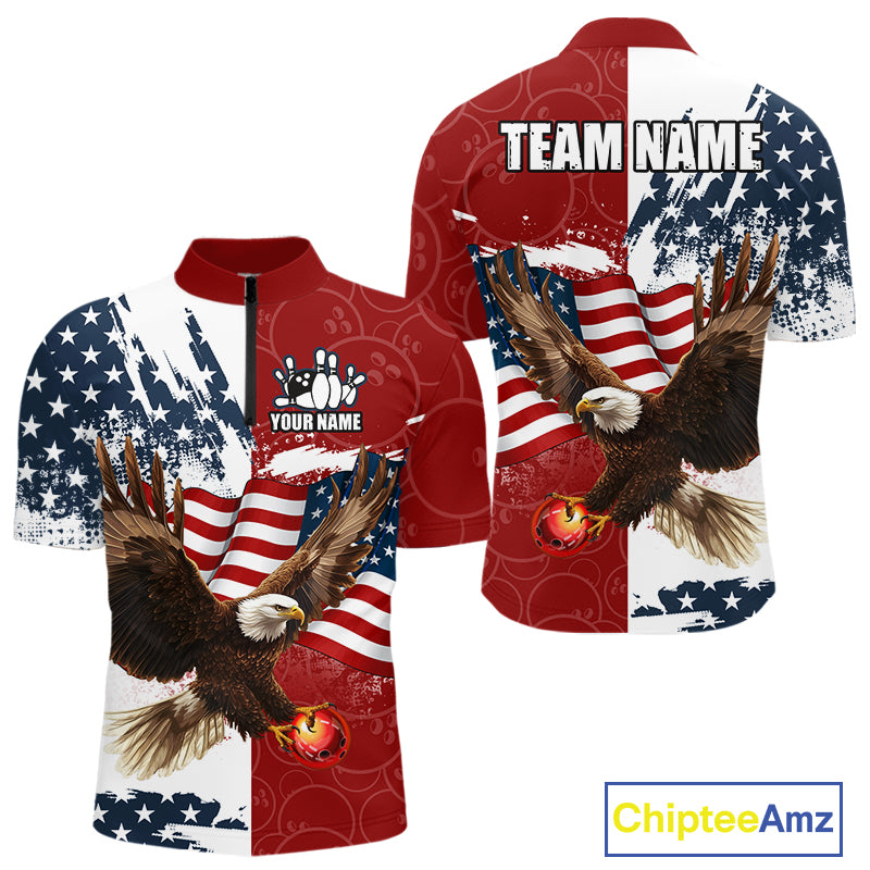 Red, White, Blue American Flag Eagle Men Bowling Shirt Custom Patriotic Red Camo Bowling Team Jersey NQS9864