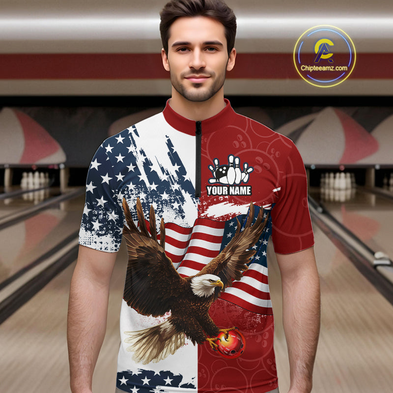 Red, White, Blue American Flag Eagle Men Bowling Shirt Custom Patriotic Red Camo Bowling Team Jersey NQS9864