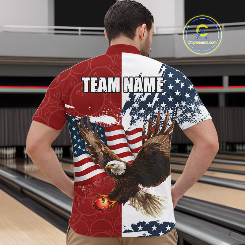 Red, White, Blue American Flag Eagle Men Bowling Shirt Custom Patriotic Red Camo Bowling Team Jersey NQS9864