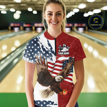 American Flag Eagle Bowling Shirts For Women Custom Patriotic Red Camo Bowling Team Jerseys NQS9864