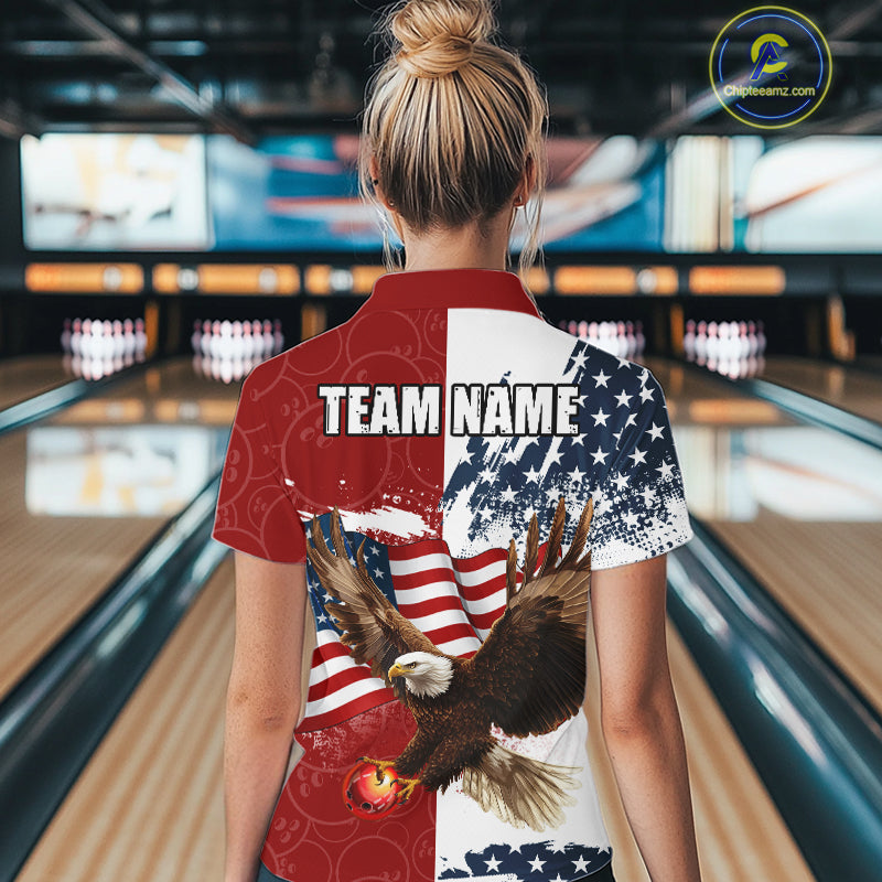 American Flag Eagle Bowling Shirts For Women Custom Patriotic Red Camo Bowling Team Jerseys NQS9864