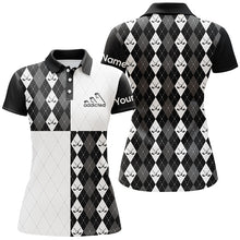 Load image into Gallery viewer, Golf addicted Womens golf polo shirts custom name black and white golf ball clubs argyle plaid pattern NQS5439